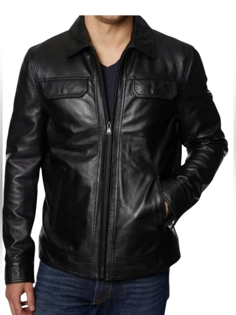 Perry Ellis Portfolio black leather jacket featuring a quilted interior lining - Picture 6 of 17